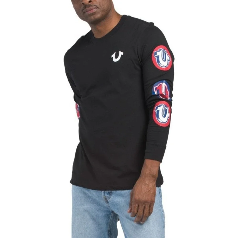 True Religion Men's Pop Horse Shoe Logo Long Sleeve‎ Tee Size XL Black Crew Neck